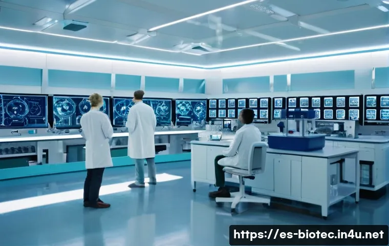 단백질 공학 응용 - **"Intelligent Antibodies: Future of Medicine"**
A highly detailed, cinematic shot inside a glea...
