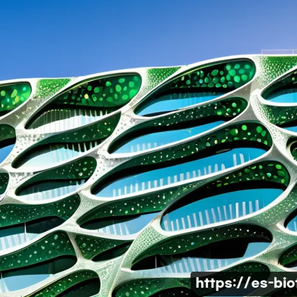 생체모방 기술 연구 - A futuristic building fa&ccedil;ade featuring a biomimetic surface inspired by lotus leaves, showcasing ult...