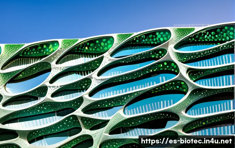 생체모방 기술 연구 - A futuristic building façade featuring a biomimetic surface inspired by lotus leaves, showcasing ult...