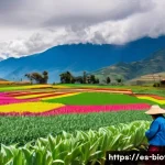 GMO 작물과 윤리적 논쟁 - A vibrant agricultural field in a rural Andean community, showcasing a diverse mix of traditional cr...