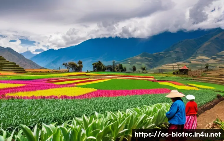 GMO 작물과 윤리적 논쟁 - A vibrant agricultural field in a rural Andean community, showcasing a diverse mix of traditional cr...